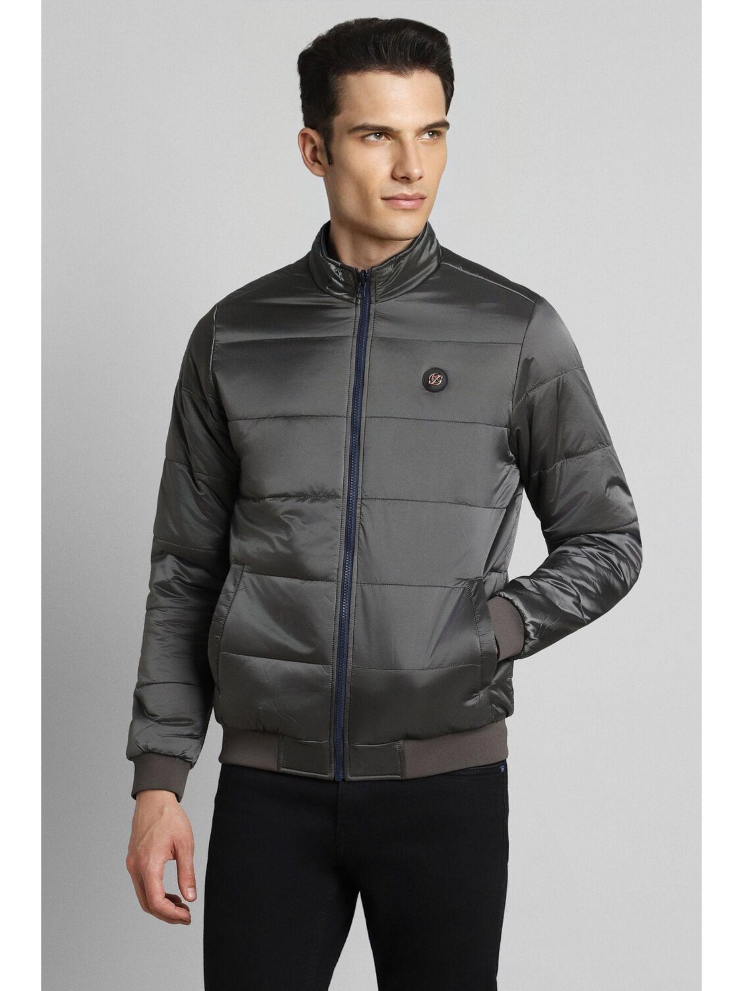 men solid regular full sleeves high neck grey puffer jacket