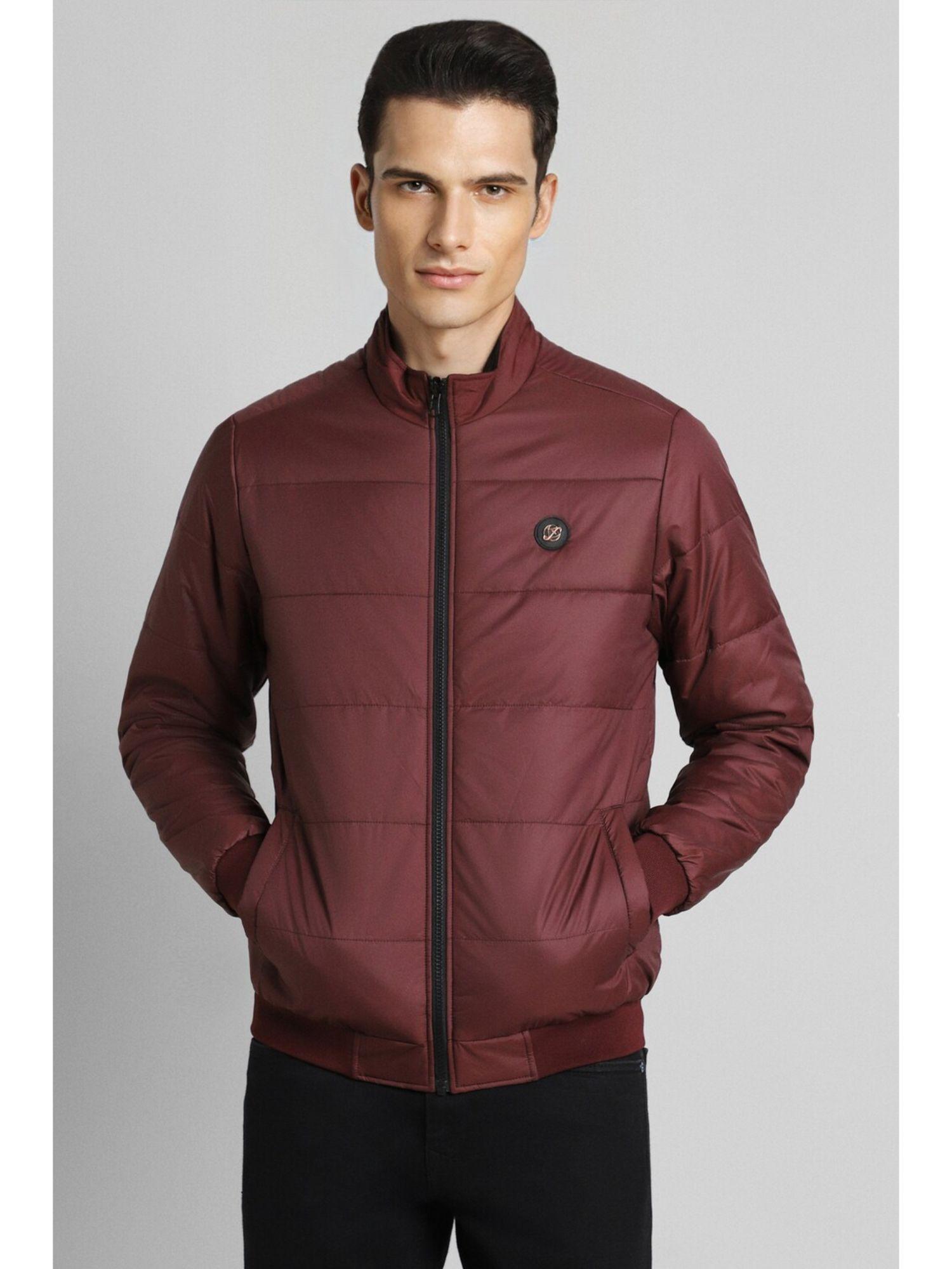 men solid regular full sleeves high neck maroon puffer jacket