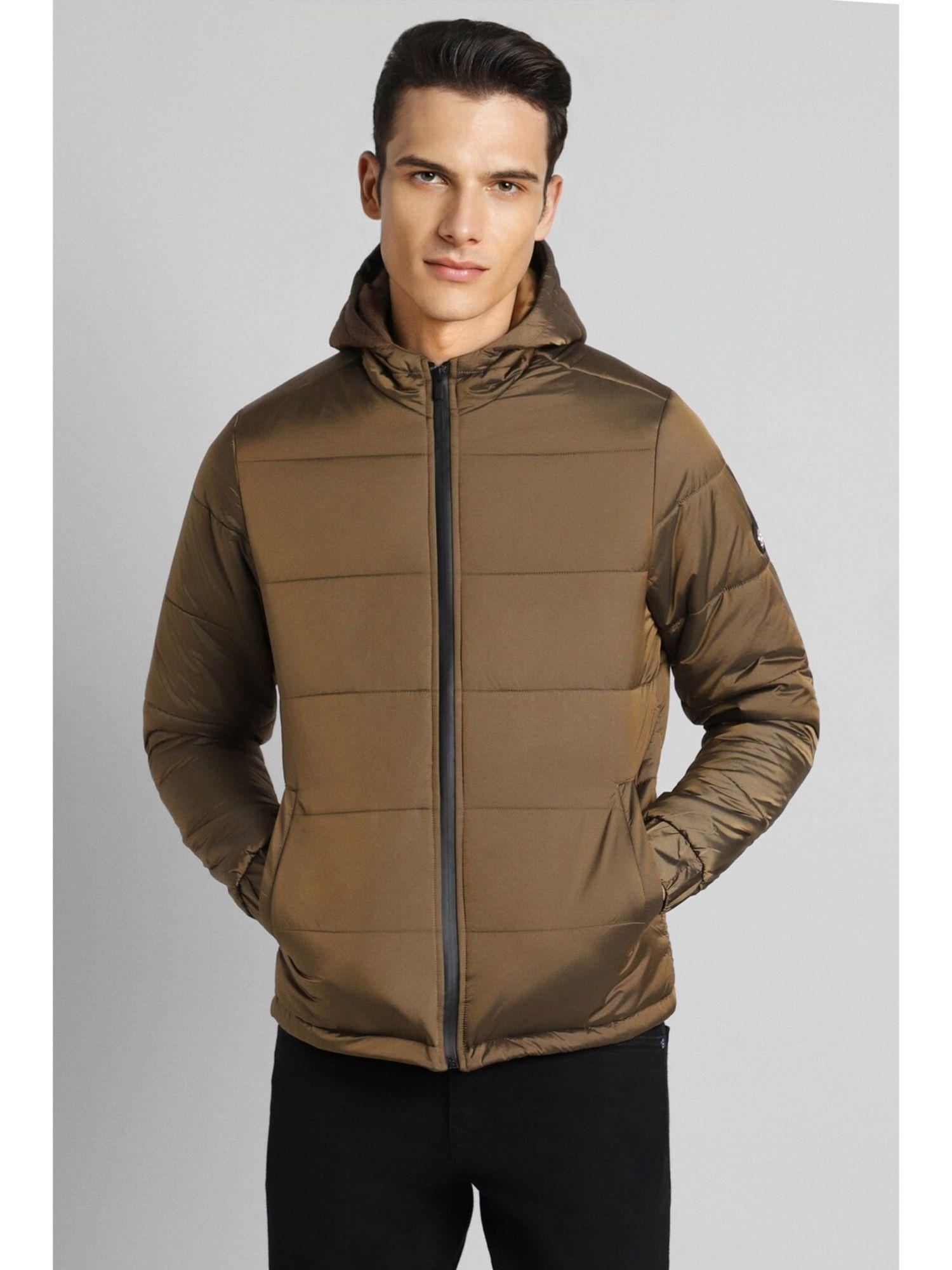 men solid regular full sleeves hooded brown puffer jacket