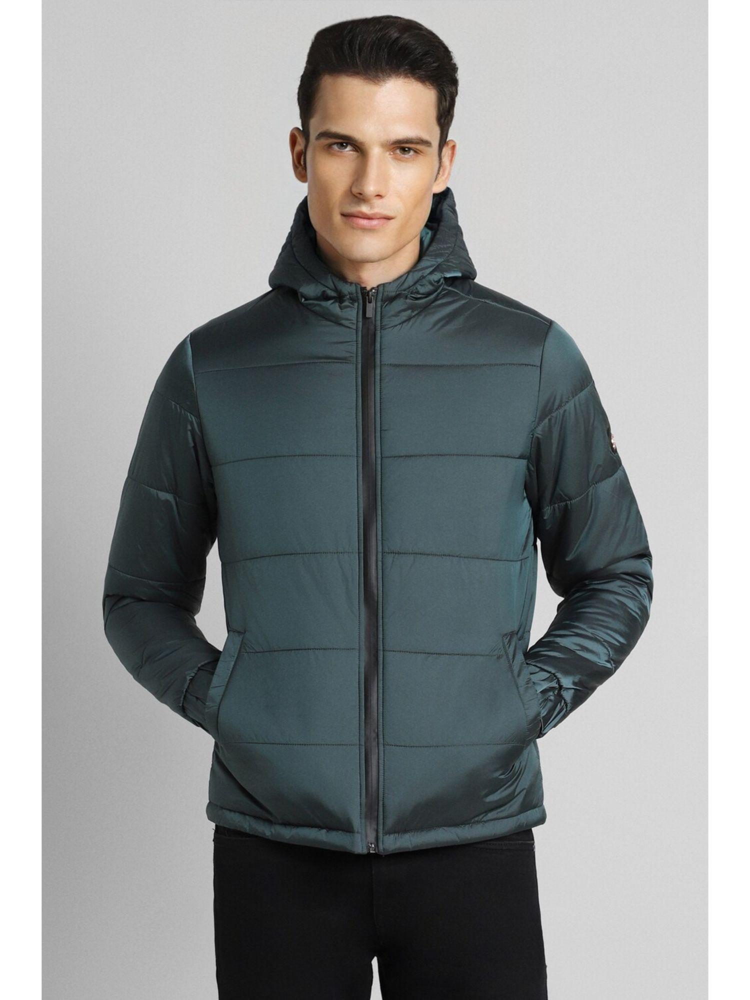 men solid regular full sleeves hooded green puffer jacket