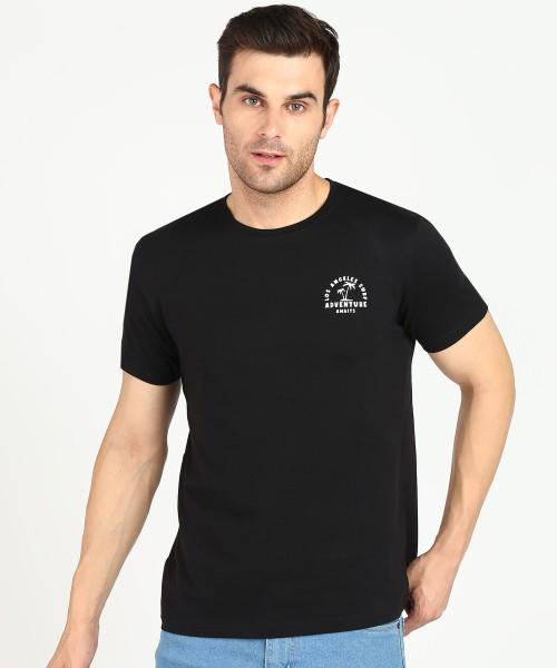 men solid round neck cotton blend black t-shirt