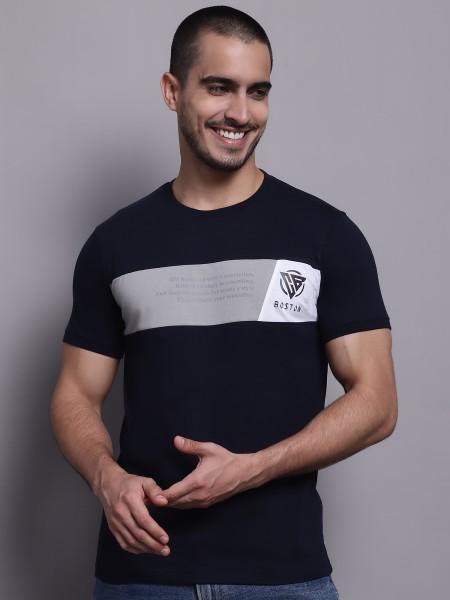 men solid round neck poly cotton navy blue t-shirt