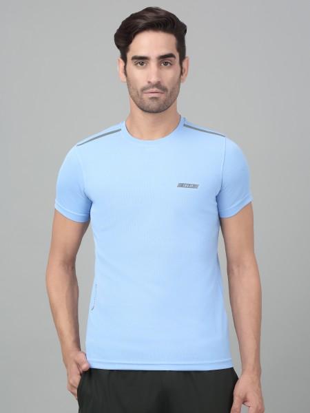 men solid round neck polyester blue t-shirt