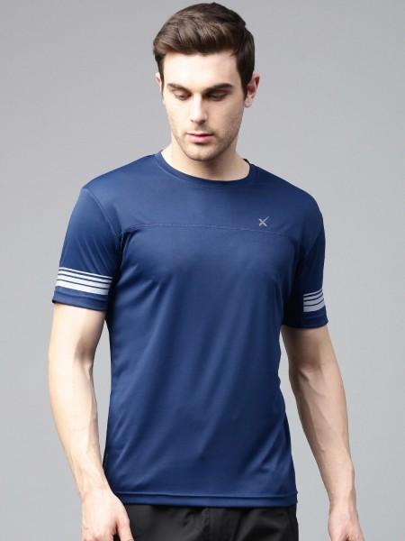 men solid round neck polyester dark blue t-shirt