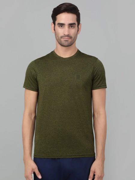 men solid round neck polyester dark green t-shirt