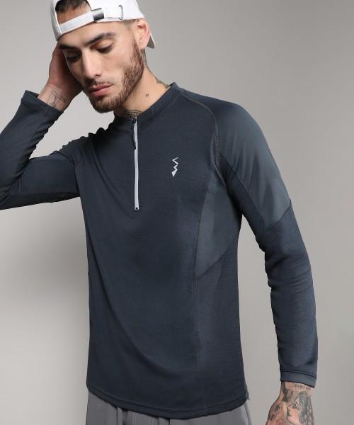 men solid round neck polyester grey t-shirt