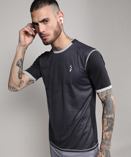 men solid round neck polyester grey t-shirt