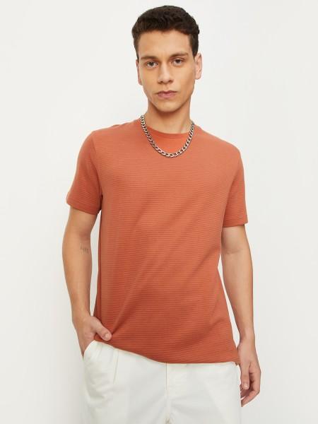 men solid round neck pure cotton brown t-shirt