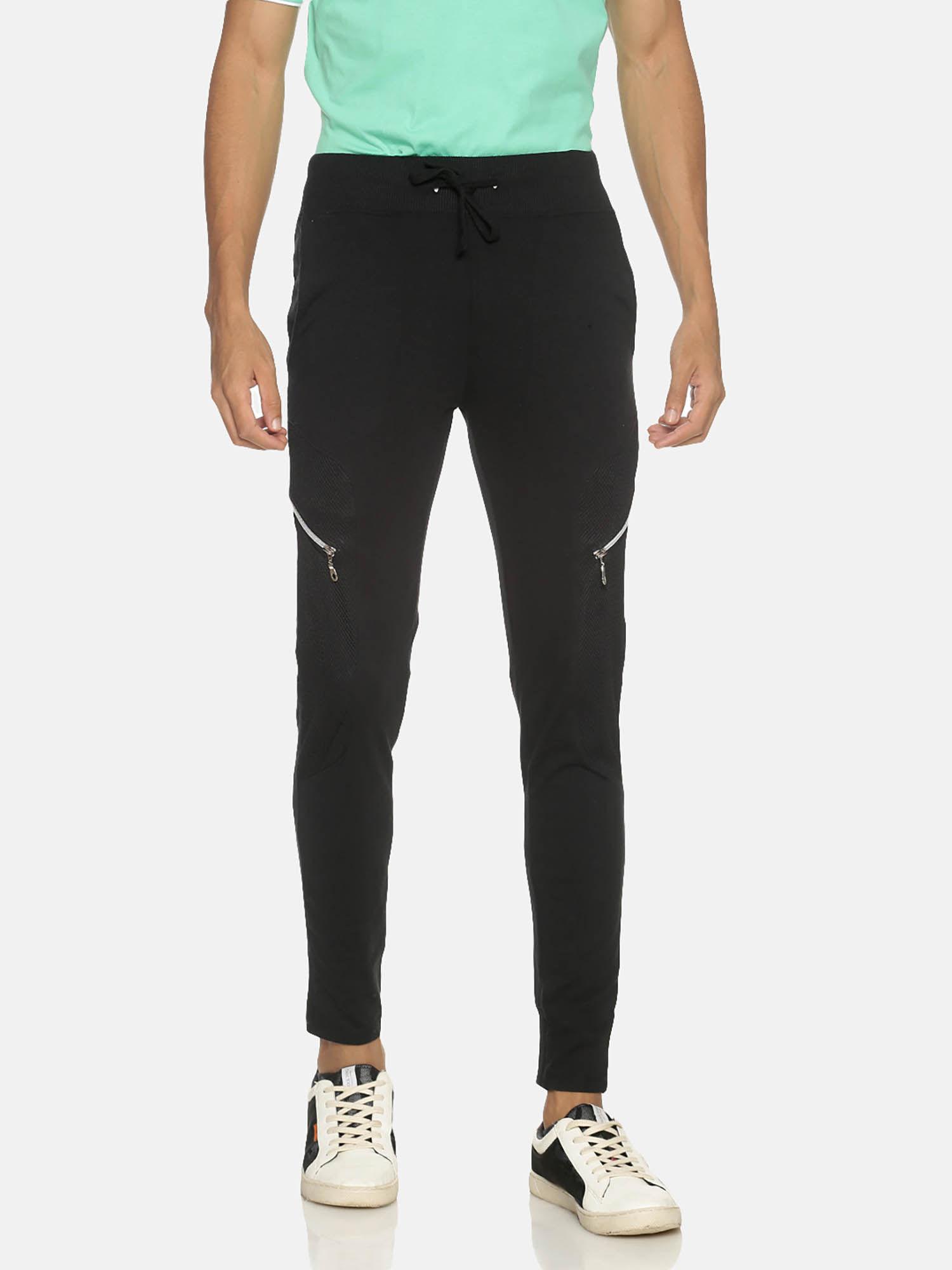 men solid self design black track pants