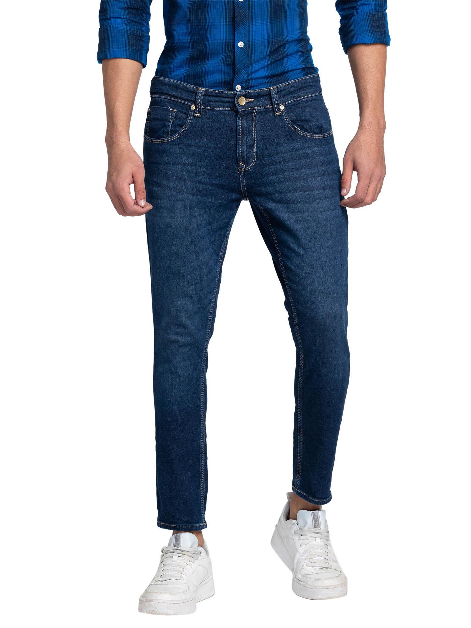 men solid slim fit navy blue jeans