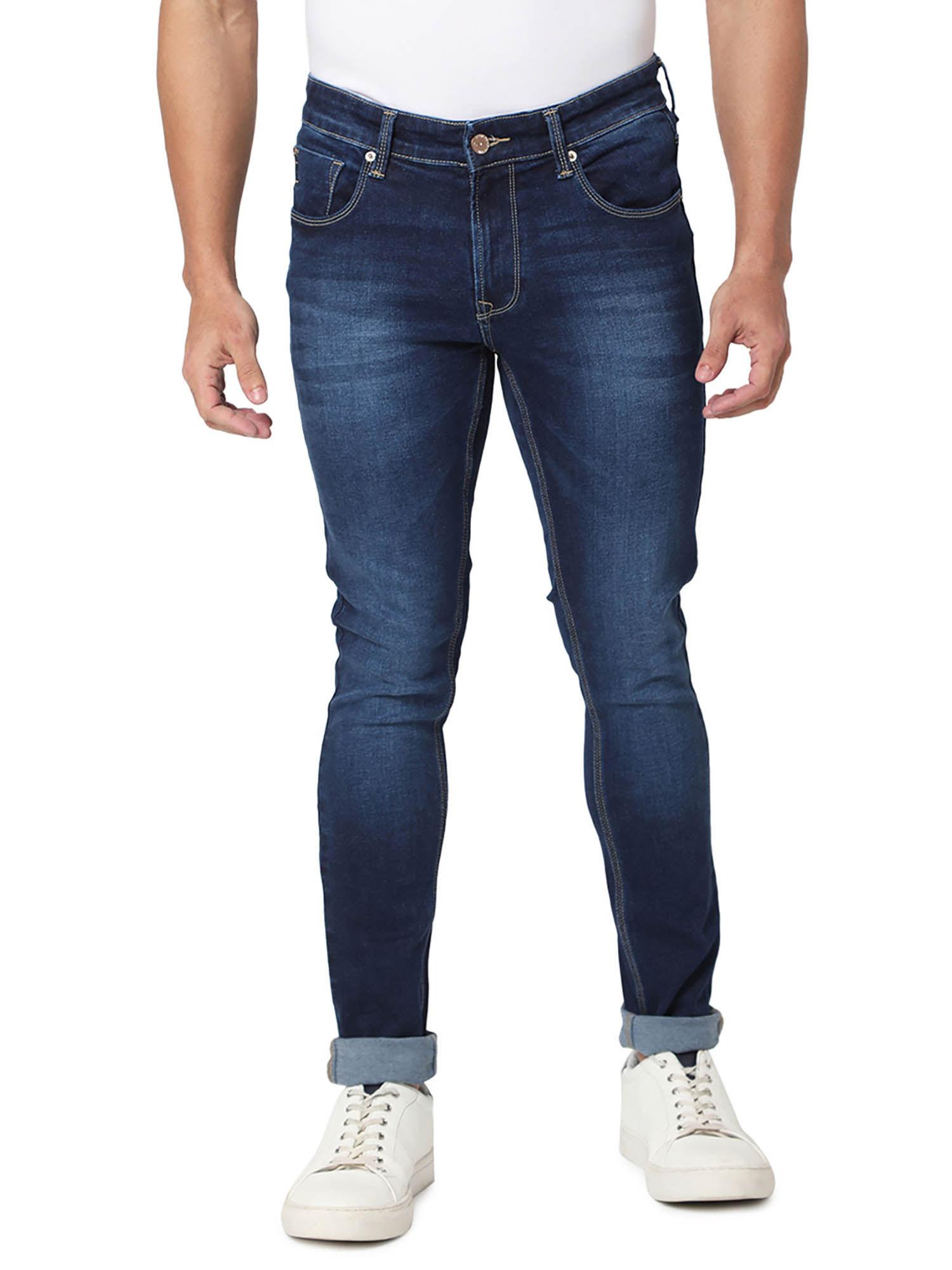 men solid slim fit navy blue jeans