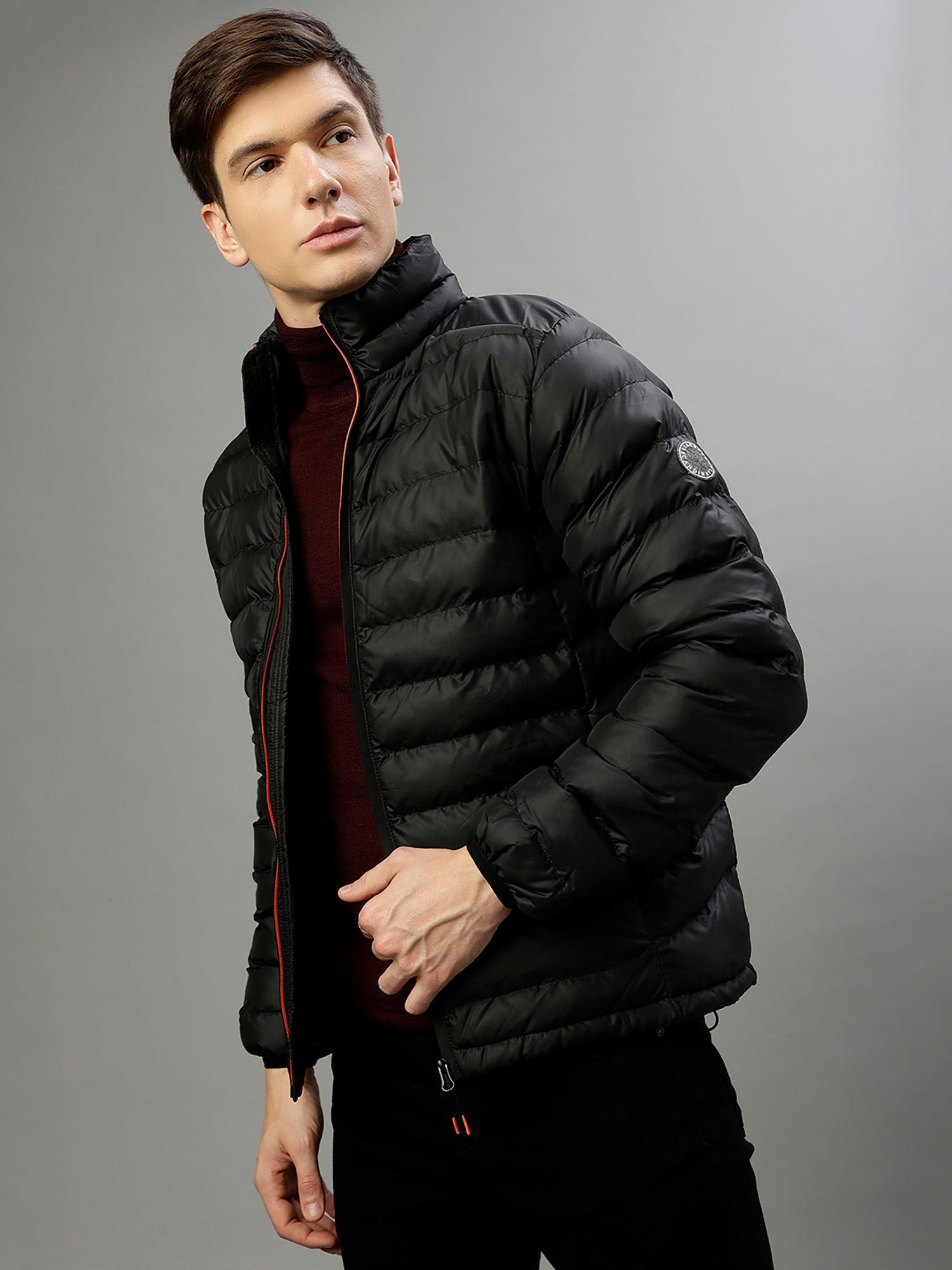 men solid stand collar full sleeves jacket