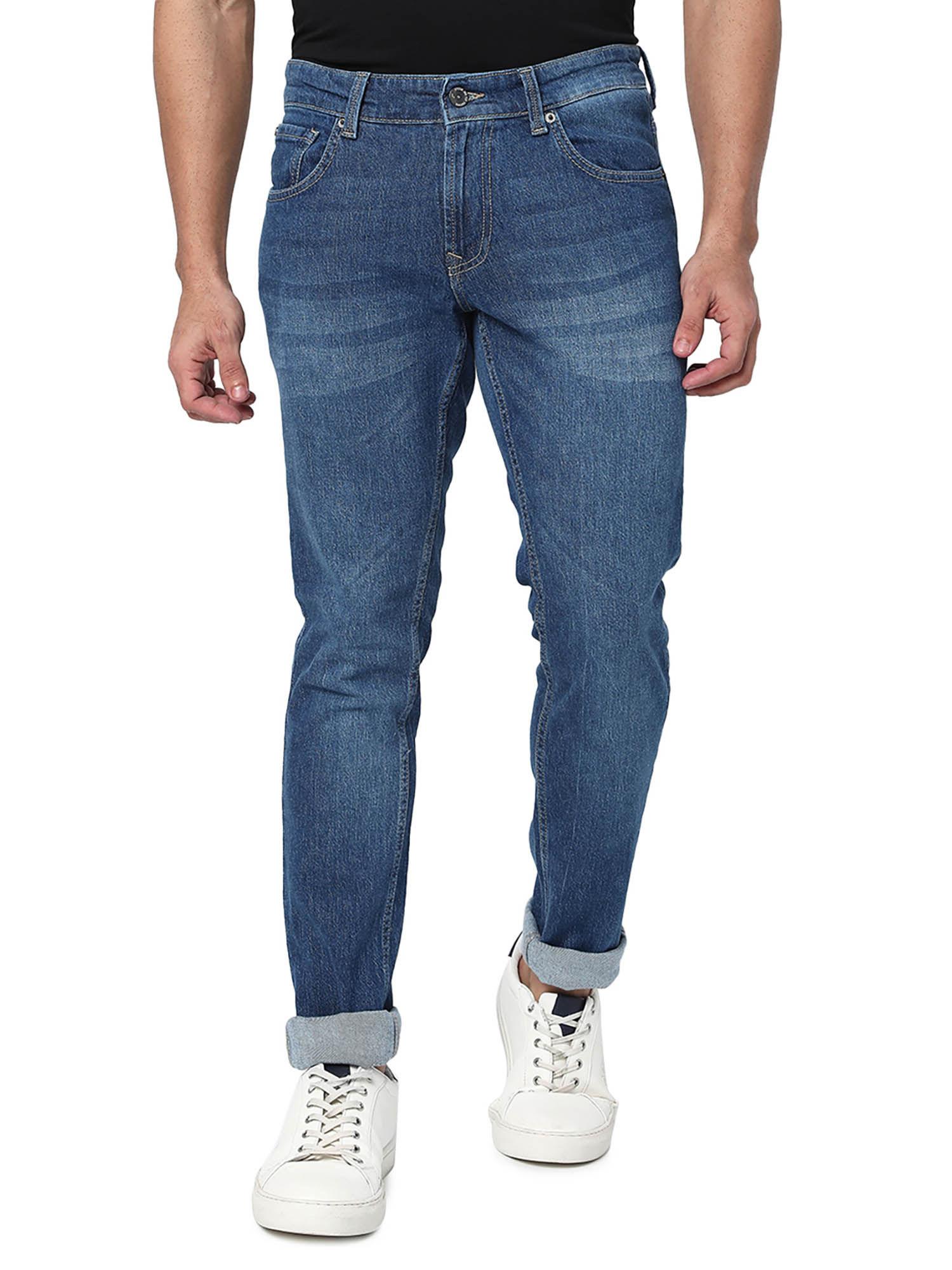 men solid straight fit navy blue jeans