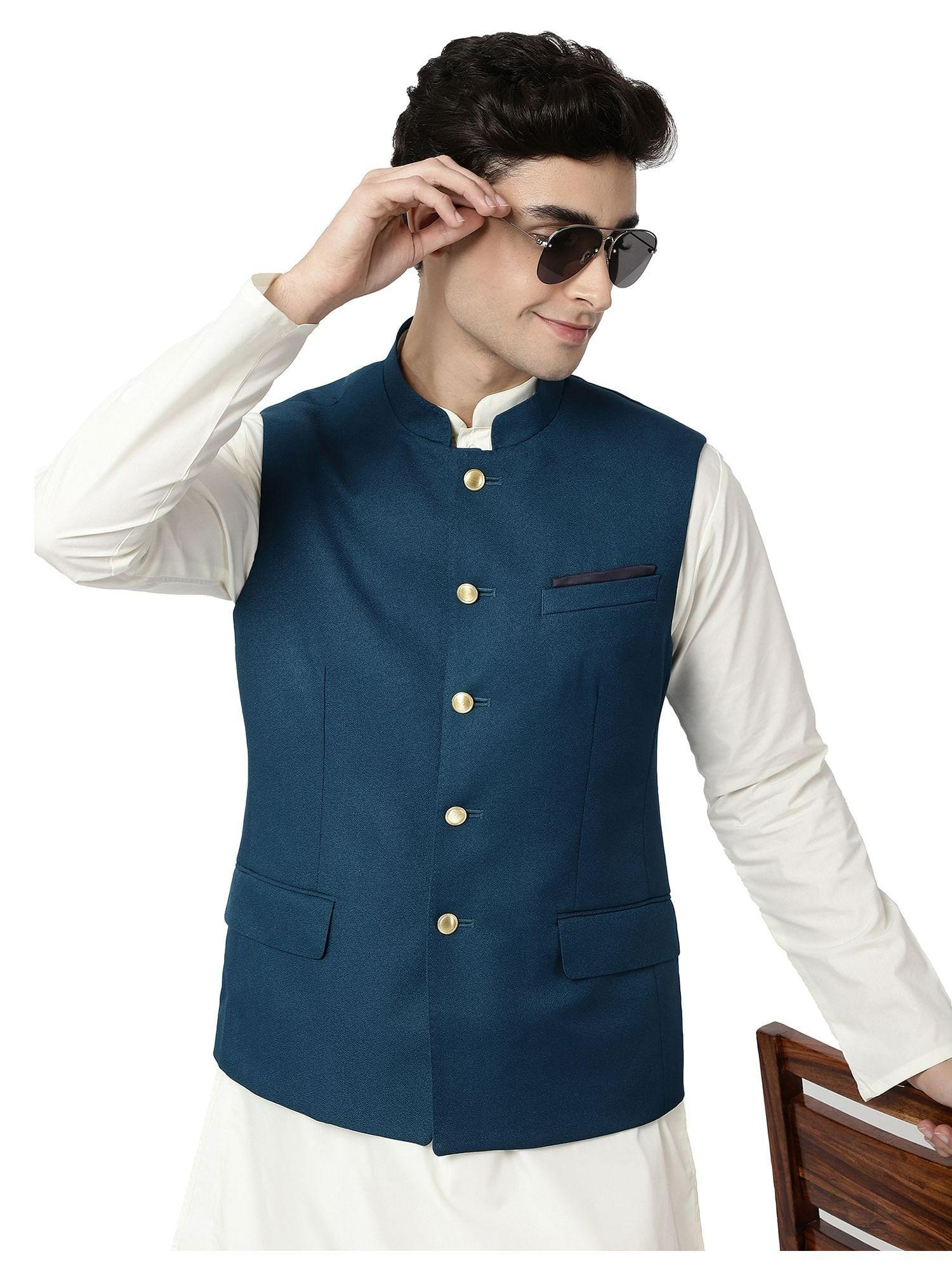 men solid teal bundi