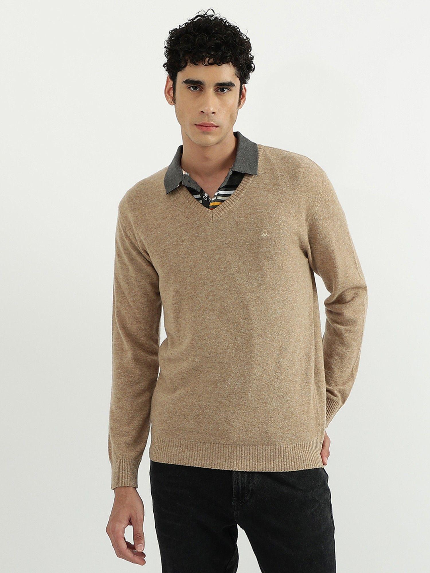 men solid v-neck sweater brown