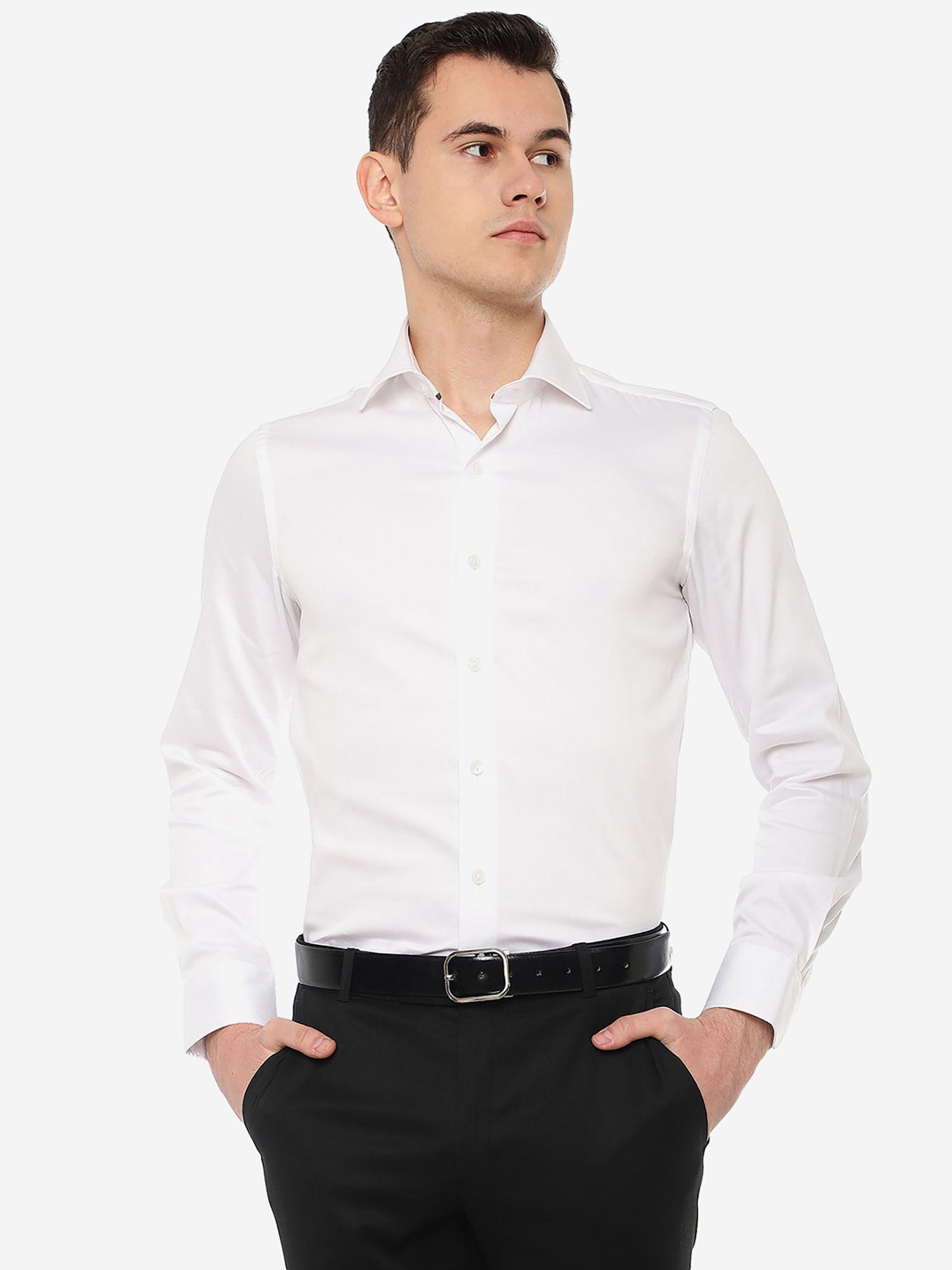 men solid white cotton slim fit party wear shirt