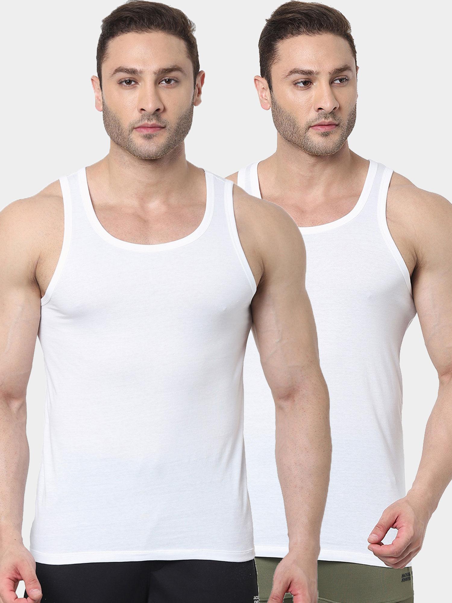 men solid white vests (pack of 2)