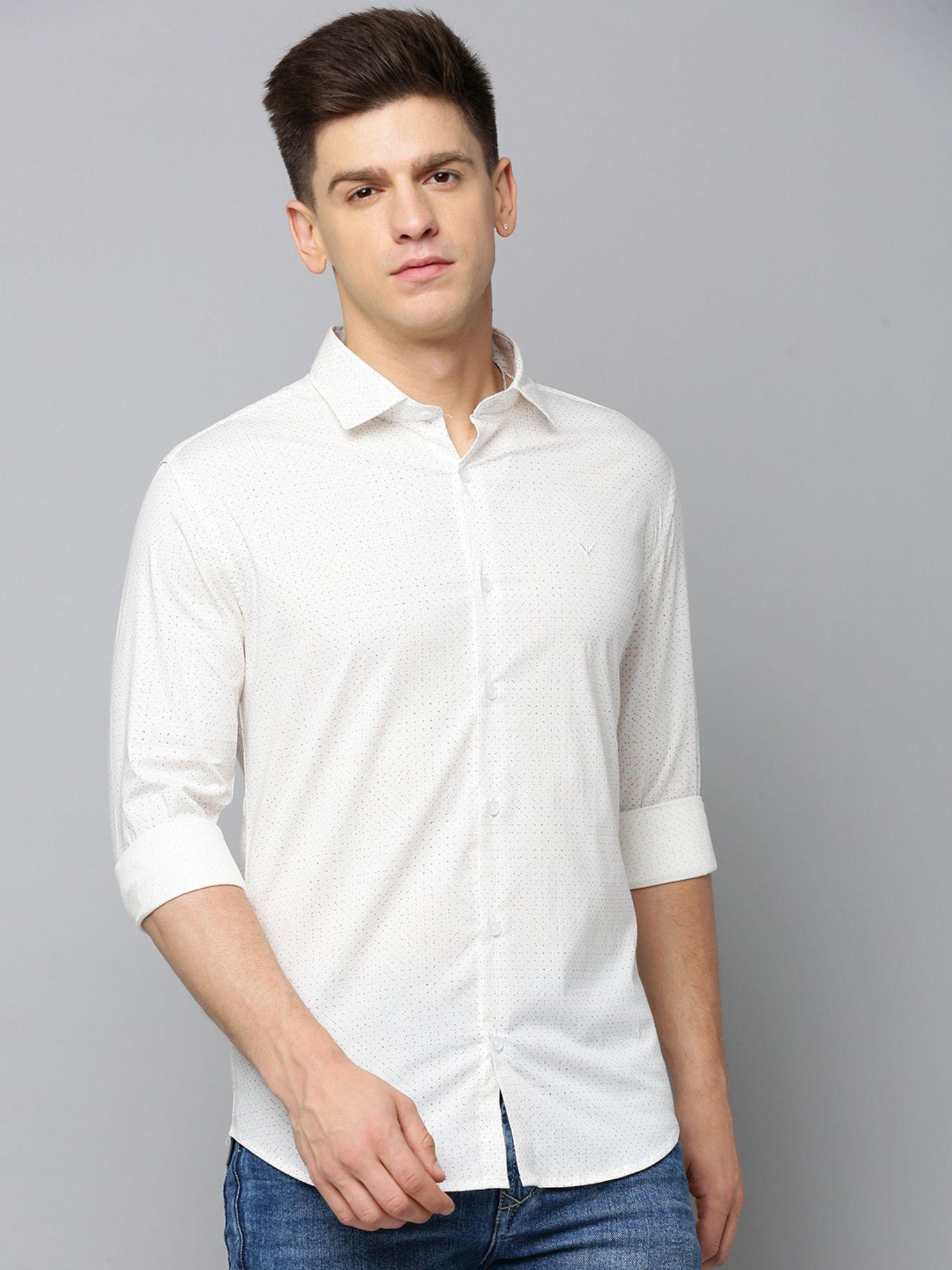 men spread collar printed off white slim fit shirt