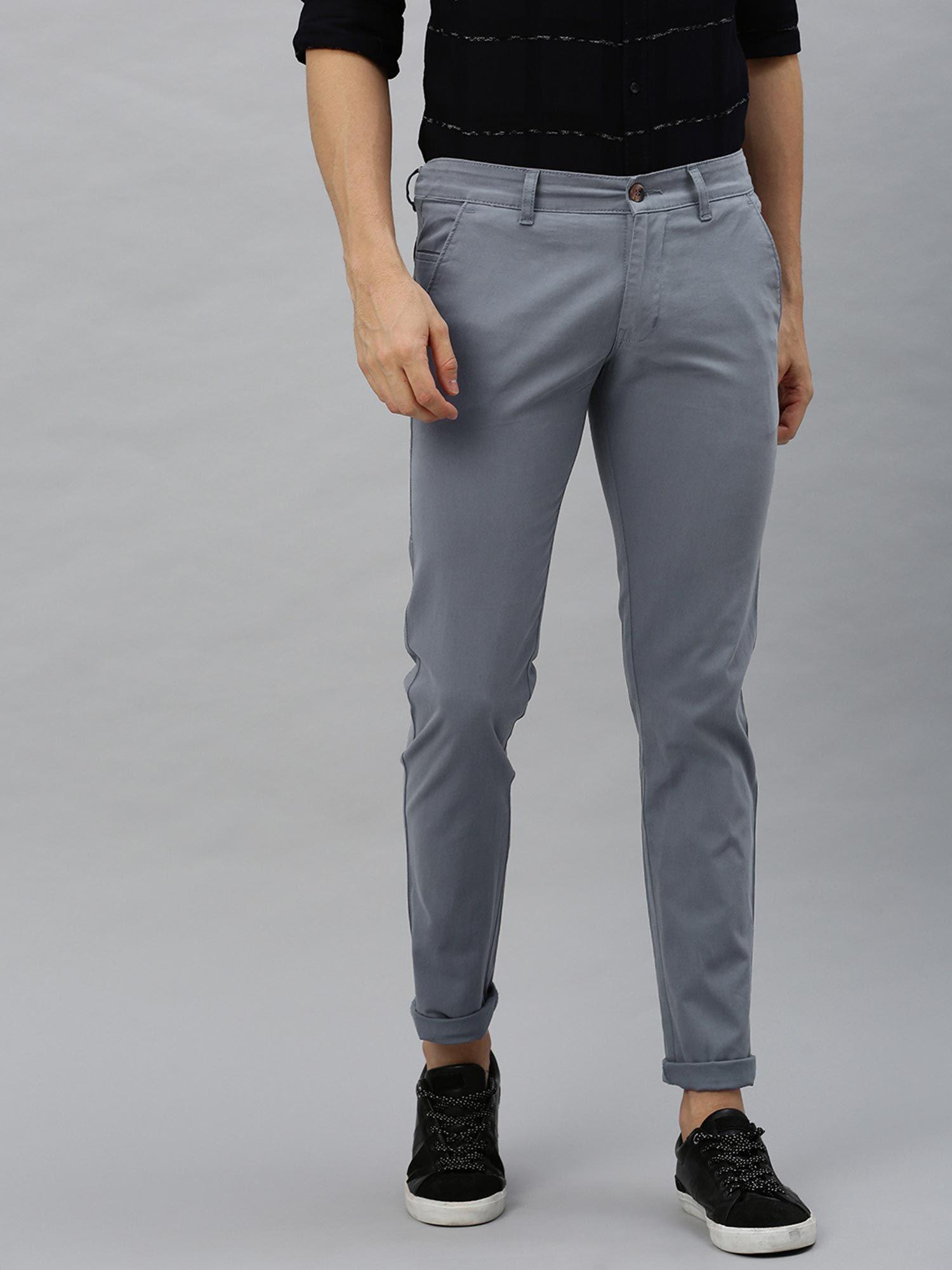 men steel blue cotton slim fit casual chinos trousers stretch