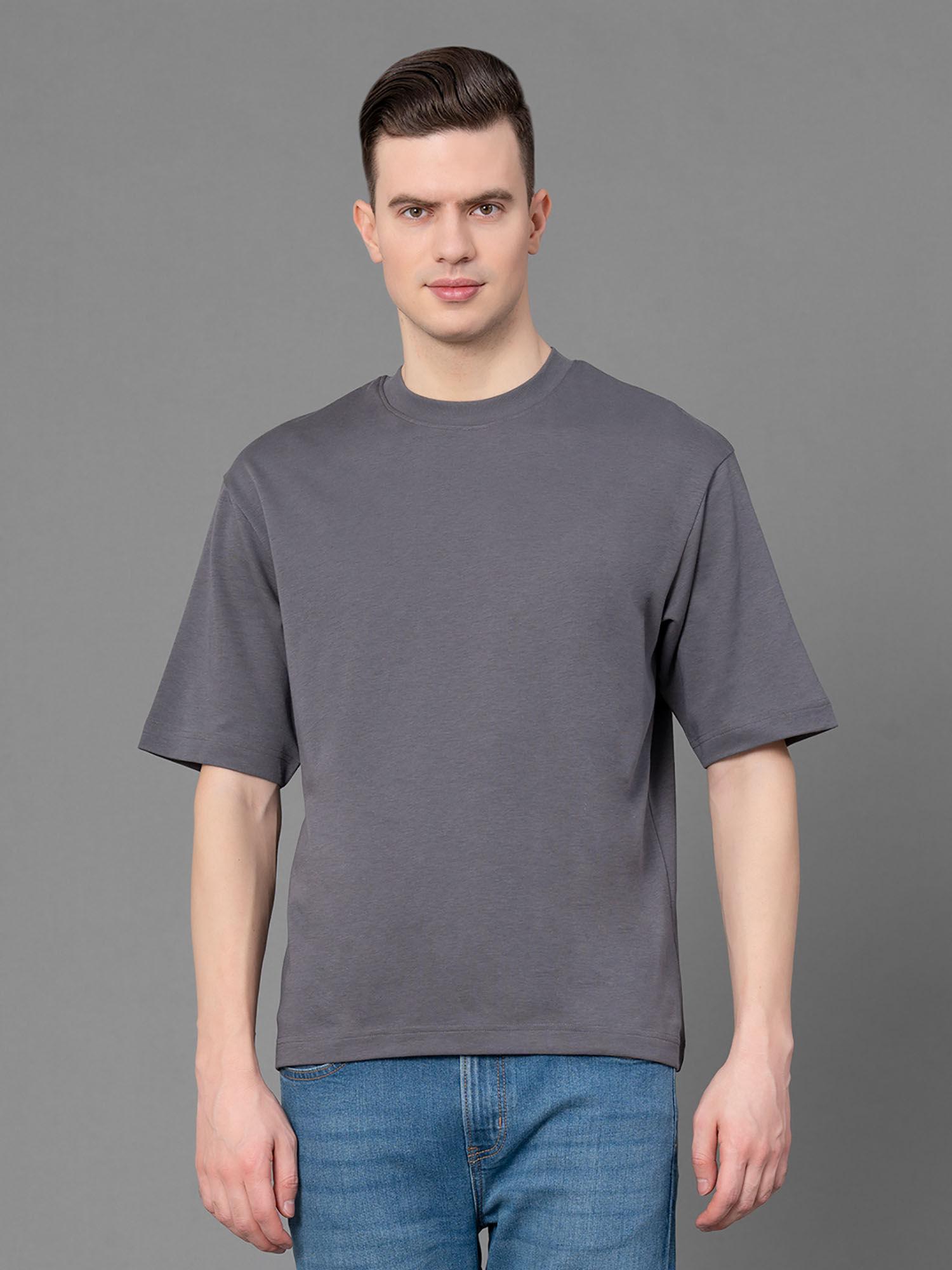 men stone grey poly cotton solid round neck t-shirt