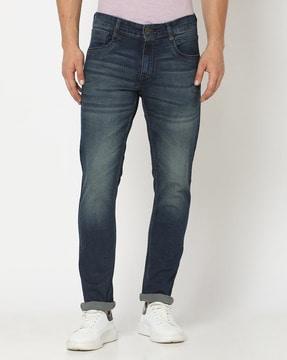 men stone-wash slim fit whiskered jeans