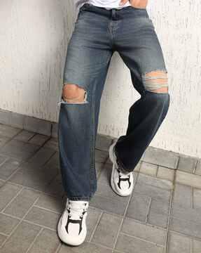 men stone washed distressed wide jeans