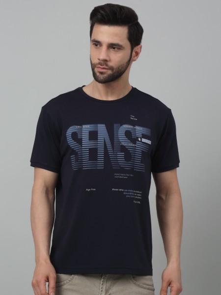 men striped, typography round neck cotton blend navy blue t-shirt