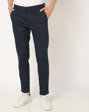 men striped cropped fit flat-front trousers