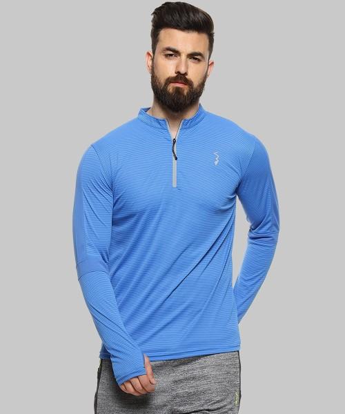 men striped mandarin collar polyester blue t-shirt