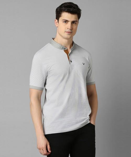 men striped mandarin collar pure cotton grey t-shirt