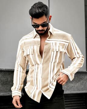men striped oversized fit shirt with flap pockets