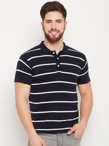 men striped polo neck cotton blend navy blue t-shirt