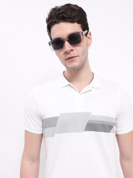 men striped polo neck cotton blend white t-shirt