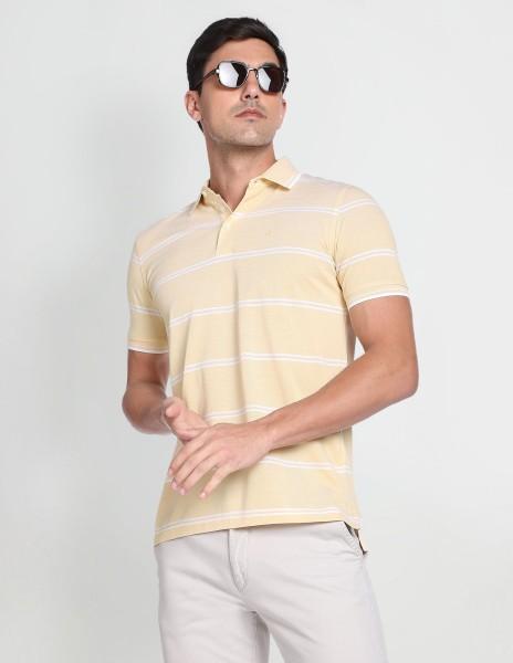 men striped polo neck cotton blend yellow t-shirt