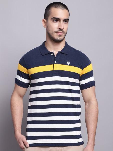 men striped polo neck poly cotton navy blue t-shirt