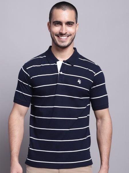 men striped polo neck poly cotton white, navy blue t-shirt