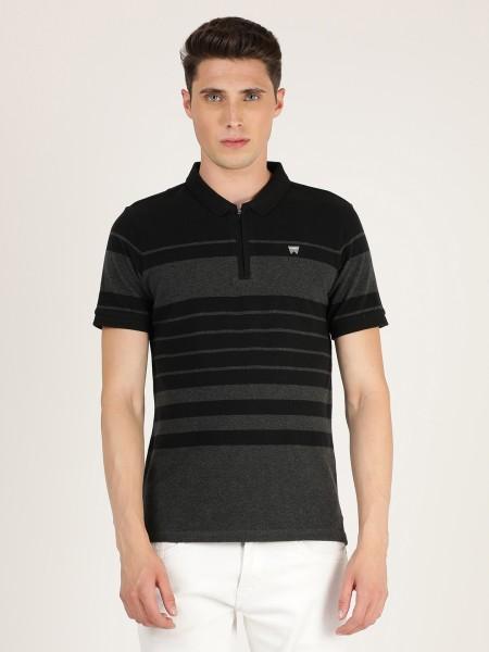 men striped polo neck pure cotton black t-shirt