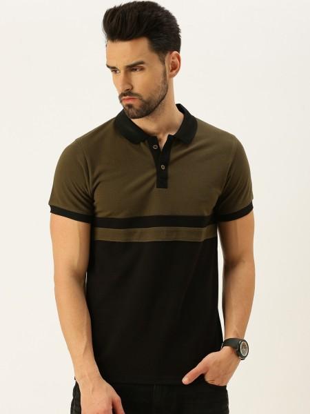 men striped polo neck pure cotton green t-shirt