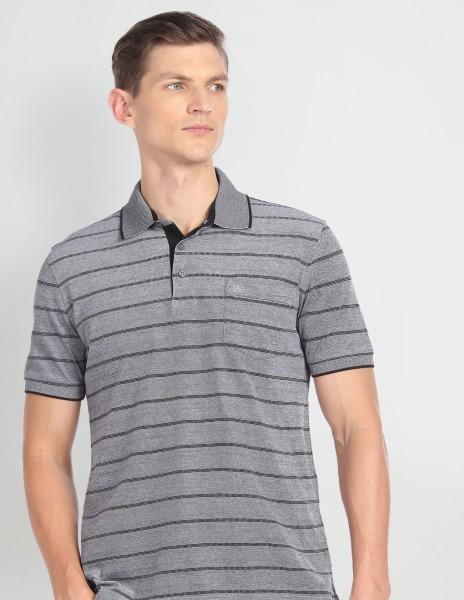 men striped polo neck pure cotton grey t-shirt