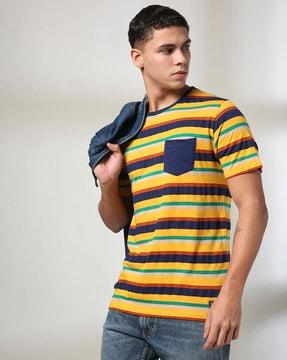 men striped regular fit crew-neck t-shirt with patch pocket