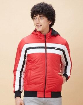 men striped regular fit hooded jacket