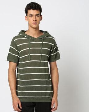 men striped regular fit hooded t-shirt