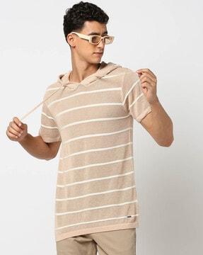 men striped regular fit hooded t-shirt