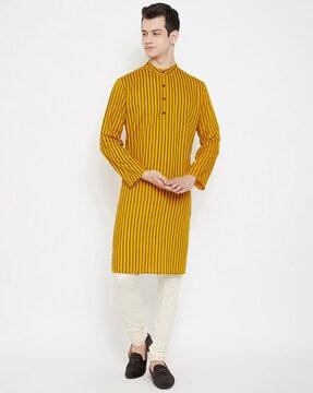 men striped regular fit kurta with patch pocket