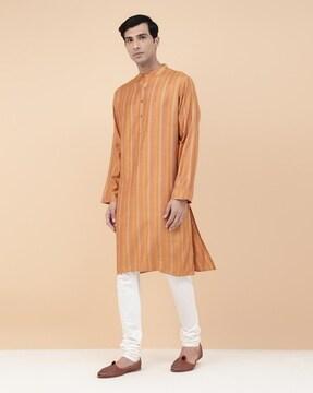 men striped regular fit long kurta with band collar