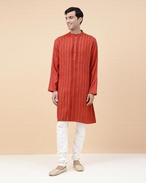 men striped regular fit long kurta with band collar