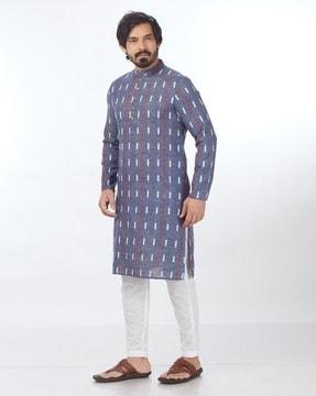 men striped regular fit long kurta with mandarin collar
