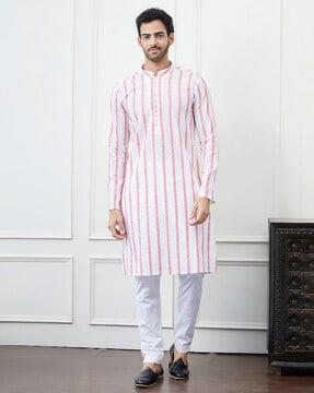 men striped regular fit long kurta with mandarin collar