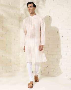 men striped regular fit long kurta with mandarin collar