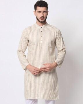 men striped regular fit long kurta with mandarin collar